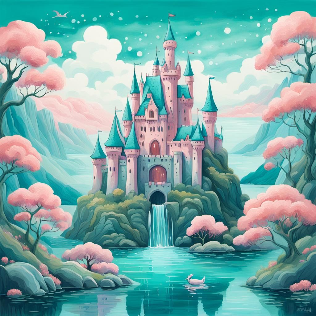 Whimsical Teal and Rose Castle with Friendly Monster