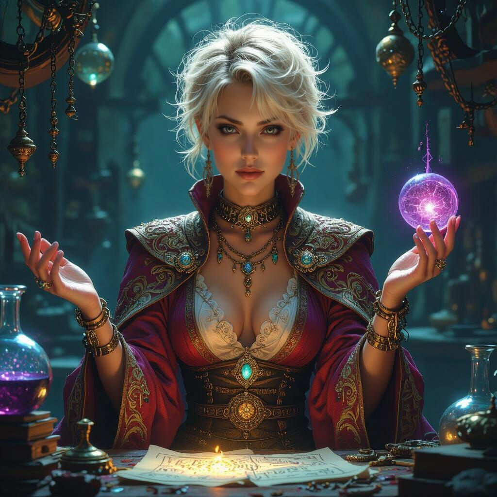 Fantasy Sorceress in Laboratory, Art Style of Luis Royo