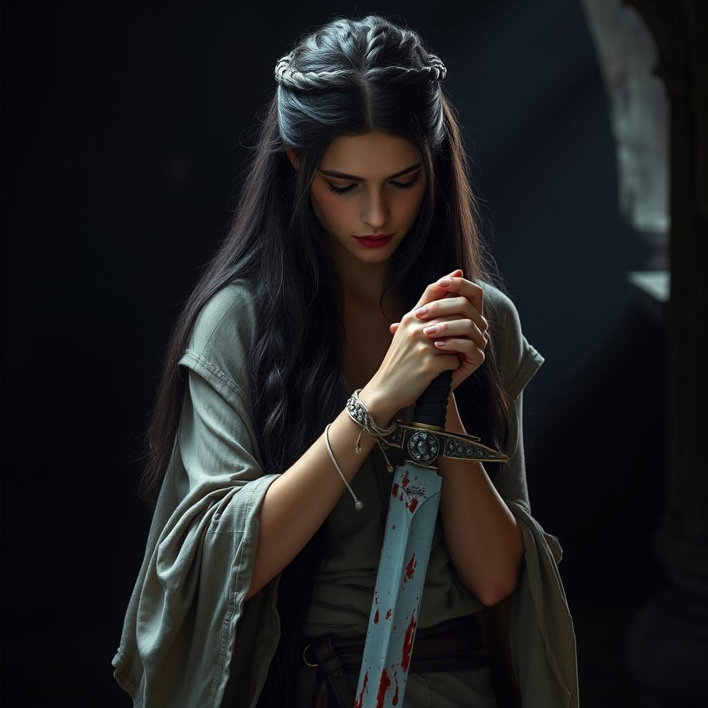 Medieval Warrior Maiden in Ancient Ruins