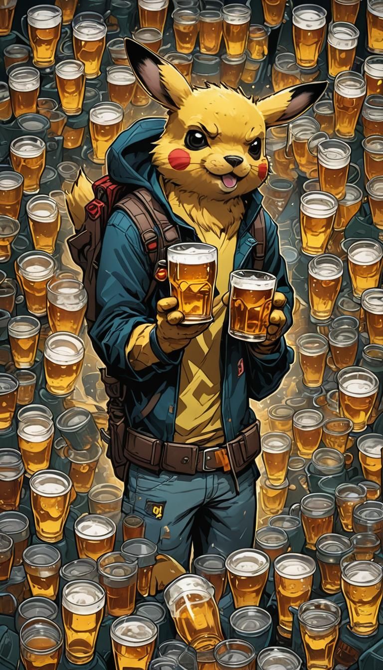Pikachu with Beer Cups in Comic Book Art Style