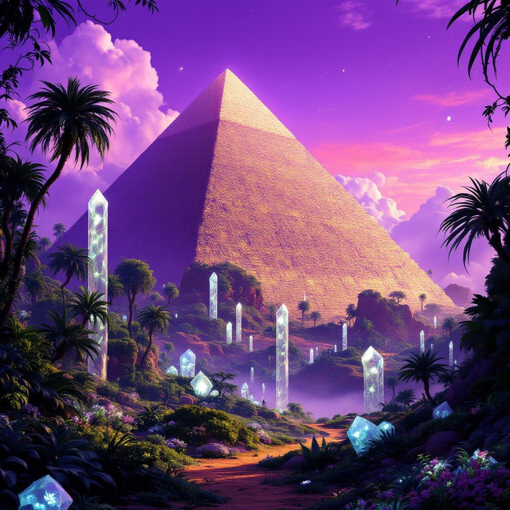 Futuristic Jungle Reclaims Giza Pyramid Under Violet Sky