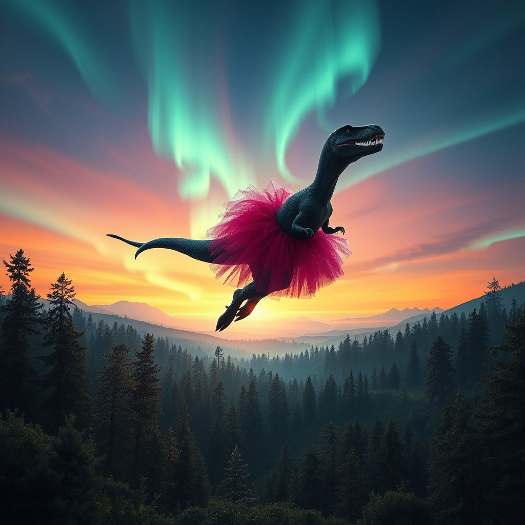 Dinosaur in Tutu Leaping Through Aurora Sky