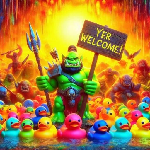 Whimsical Orcs Joust on Rubber Duckies in a Vibrant Fantasy ...