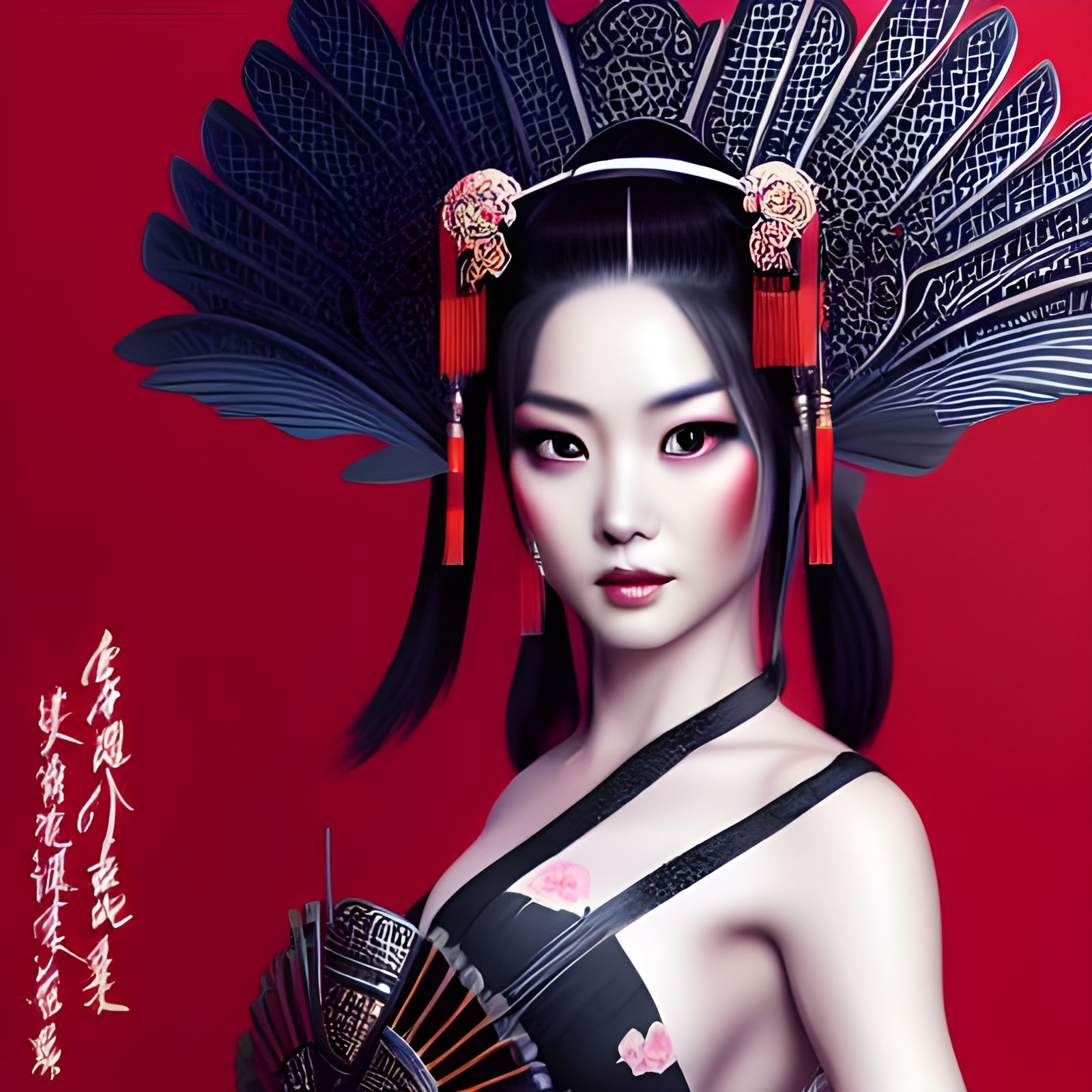 Geisha with Peacock Tail in Silver and Black Armor