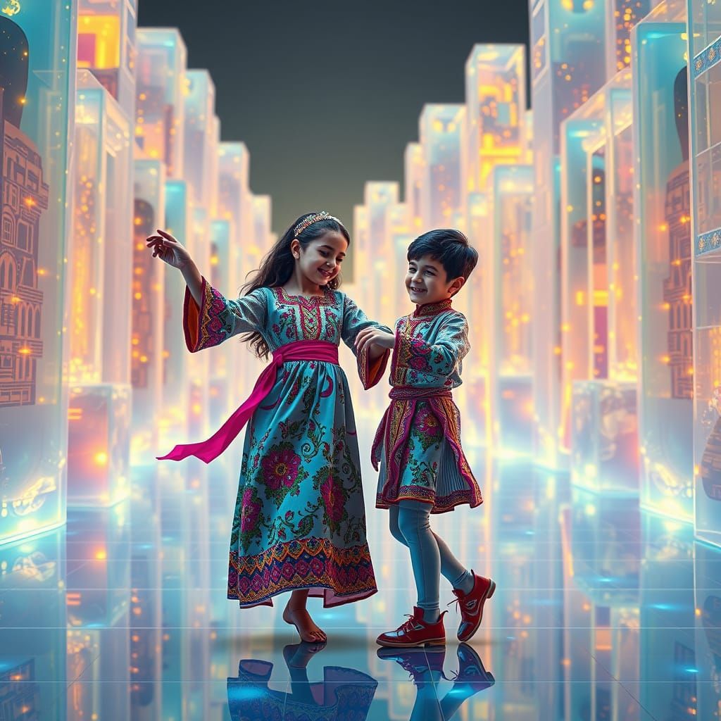 Azerbaijani Dancers Amidst Vibrant, Glowing Cubes