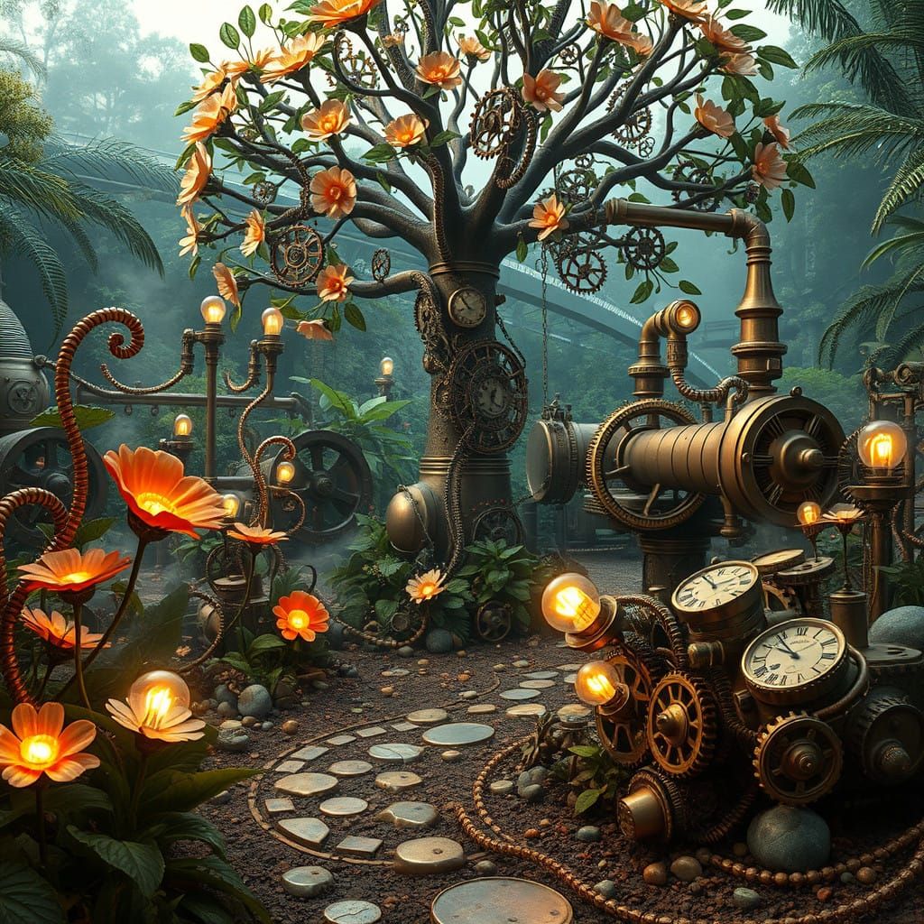 Whimsical Steampunk Garden Blooms with Gears and Brass