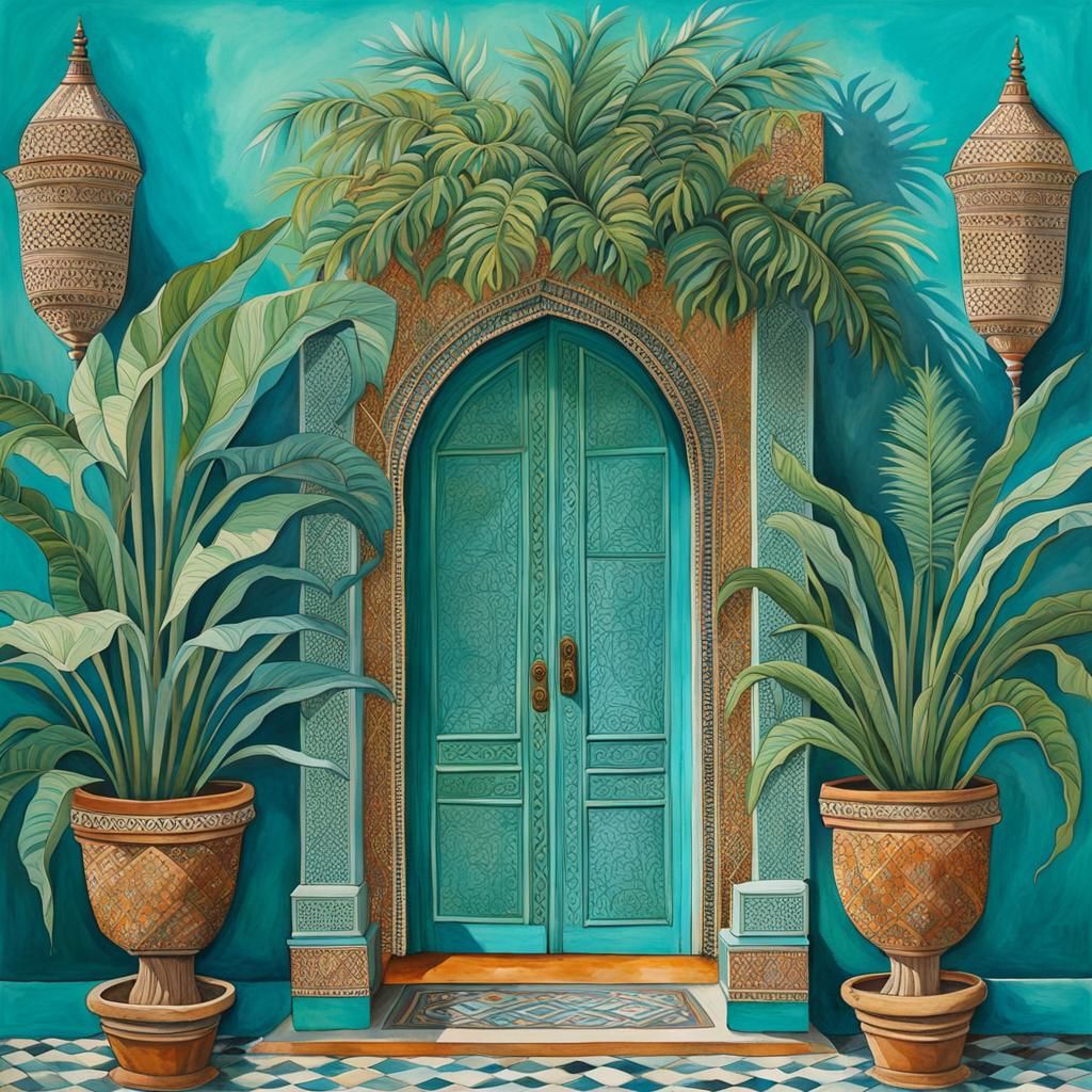 Intricate Moroccan Door with Tropical Plants in Naive Art