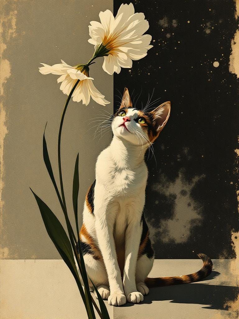 Cat Under Flower in Vintage Portrait Aesthetic