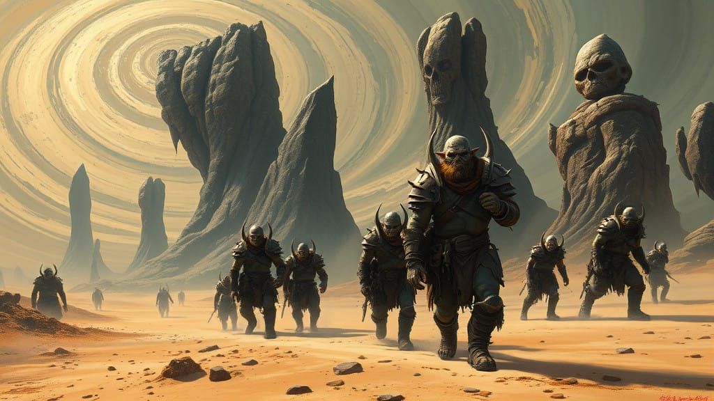 Surrealist Post-Apocalyptic Landscape with Orc Warriors