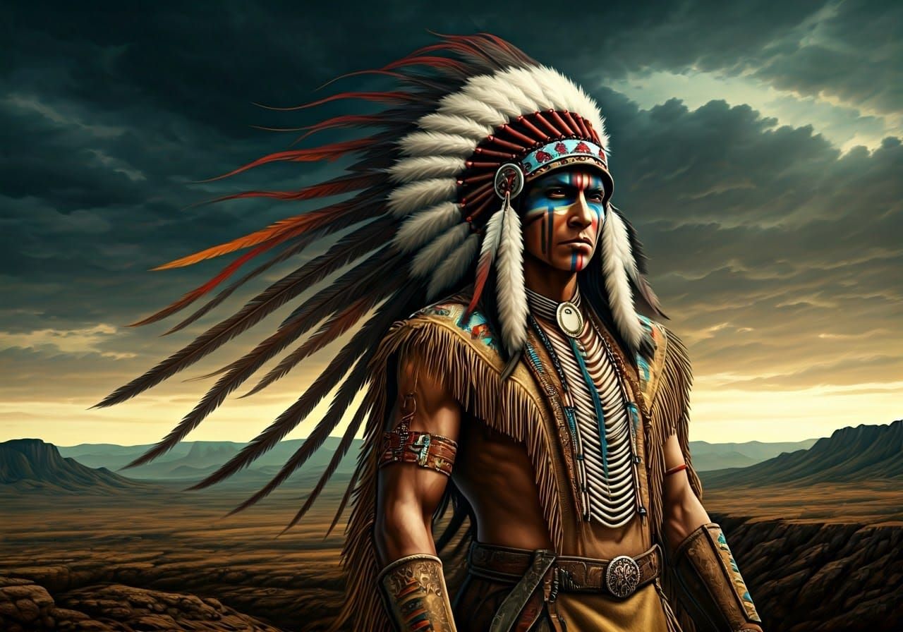Native American Warrior in a Dramatic Landscape