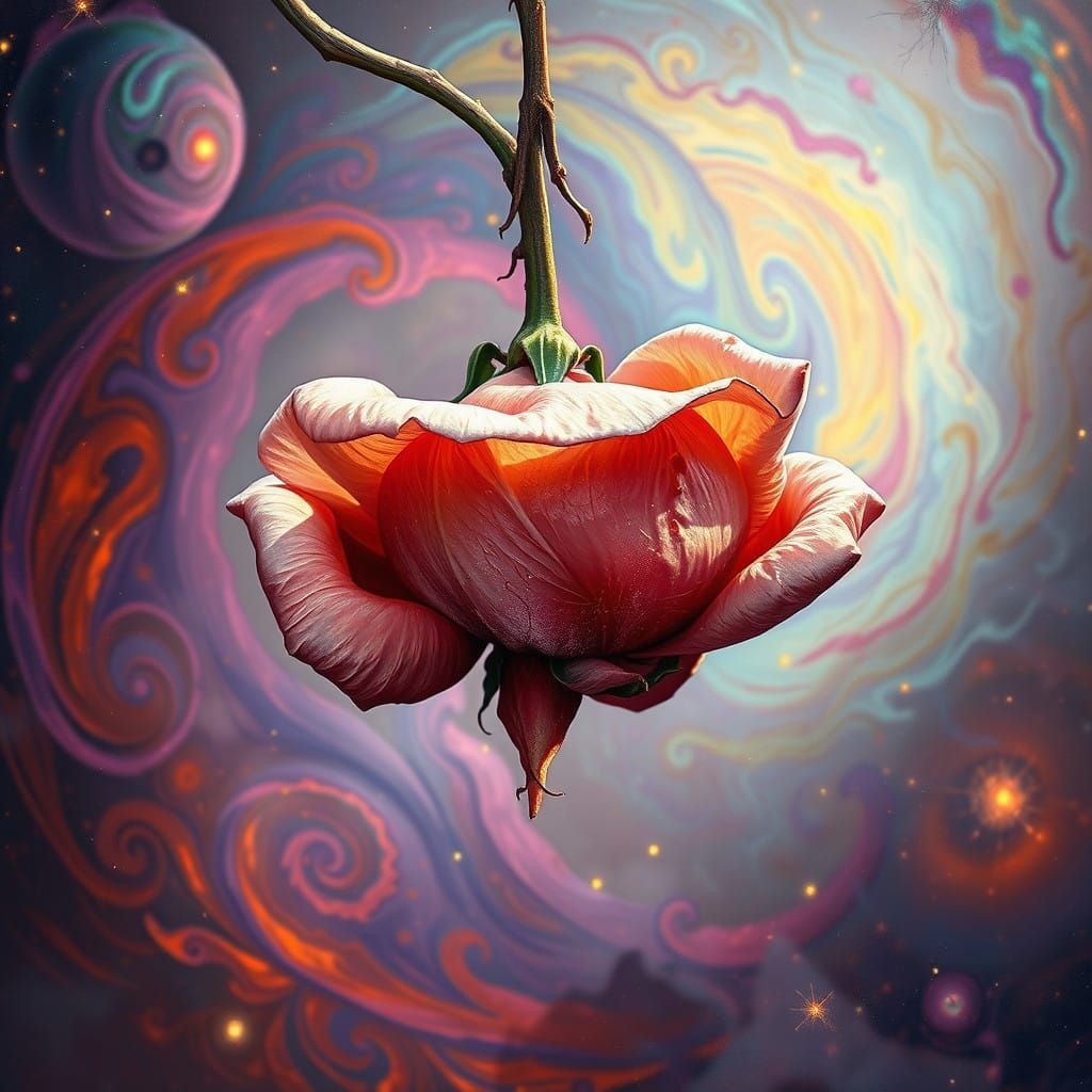 Ethereal Wilting Rose Against Vibrant Astral Cosmic Backdrop