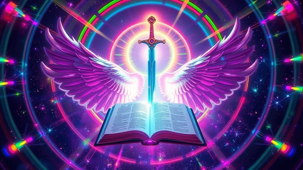 Ethereal Being Holds Radiant Sword in Cosmic Vortex