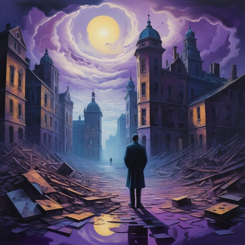 Surreal Figure Admires Desolate Landscape with Shattered Clo...