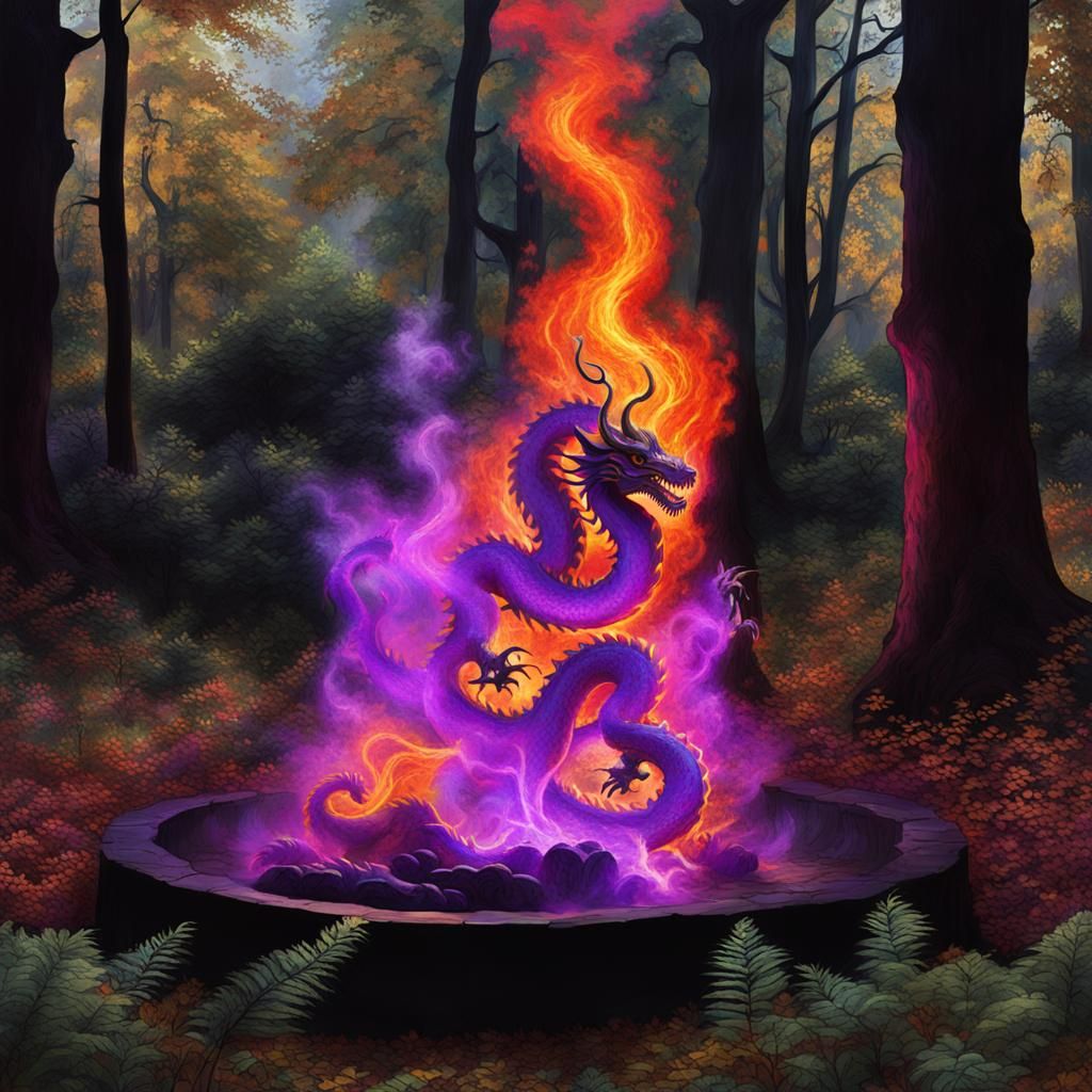 Fiery Dragon in Autumn Woodland Scene