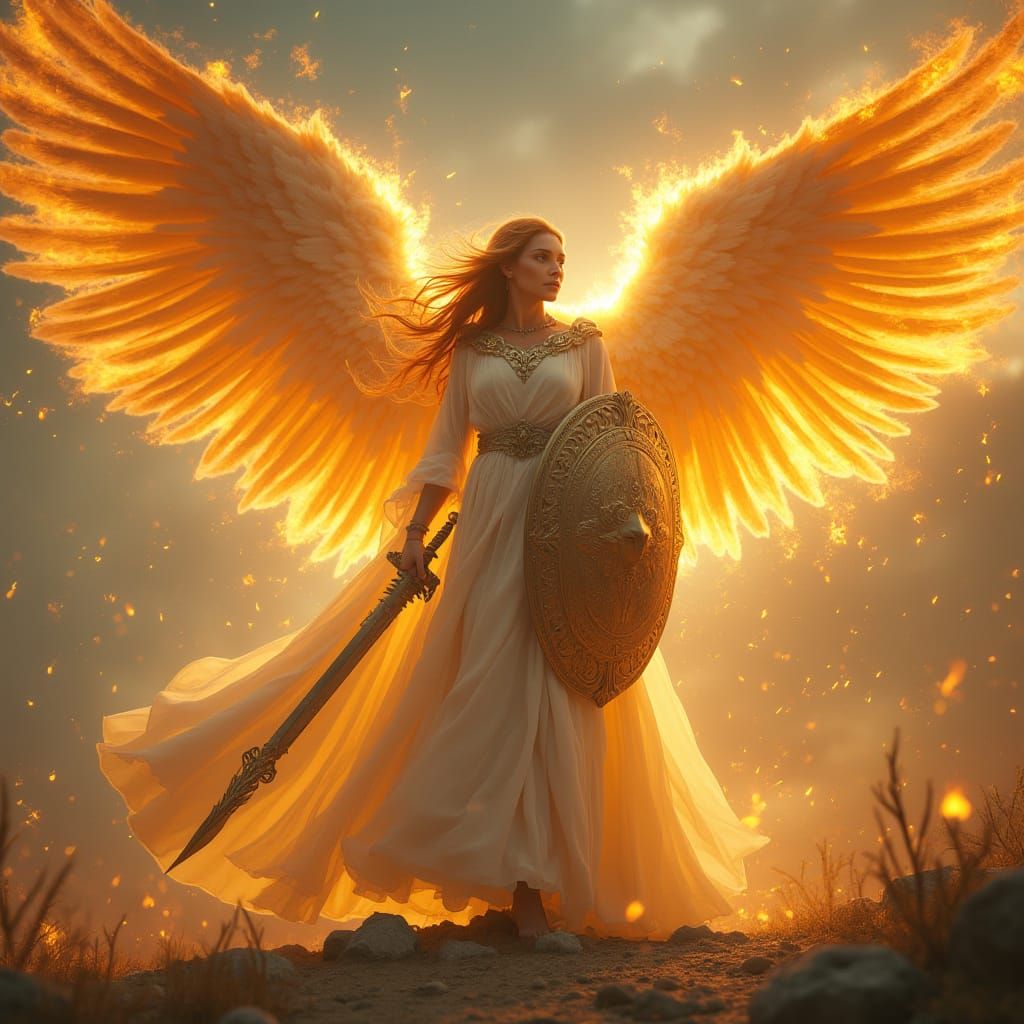 Fiery Angel with Sword and Shield, Cinematic Style