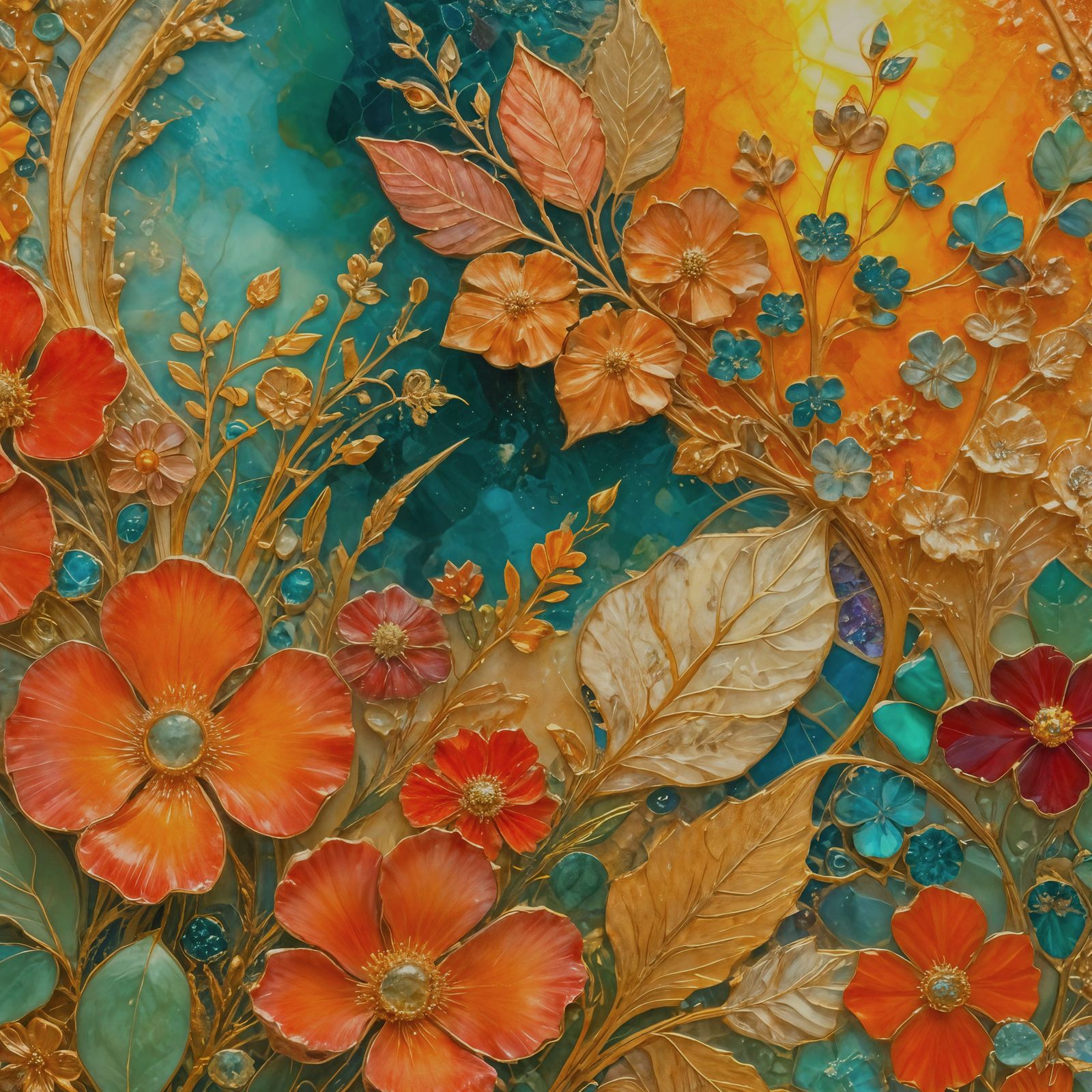 Whimsical Golden Floral Masterpiece in Stained Glass Style