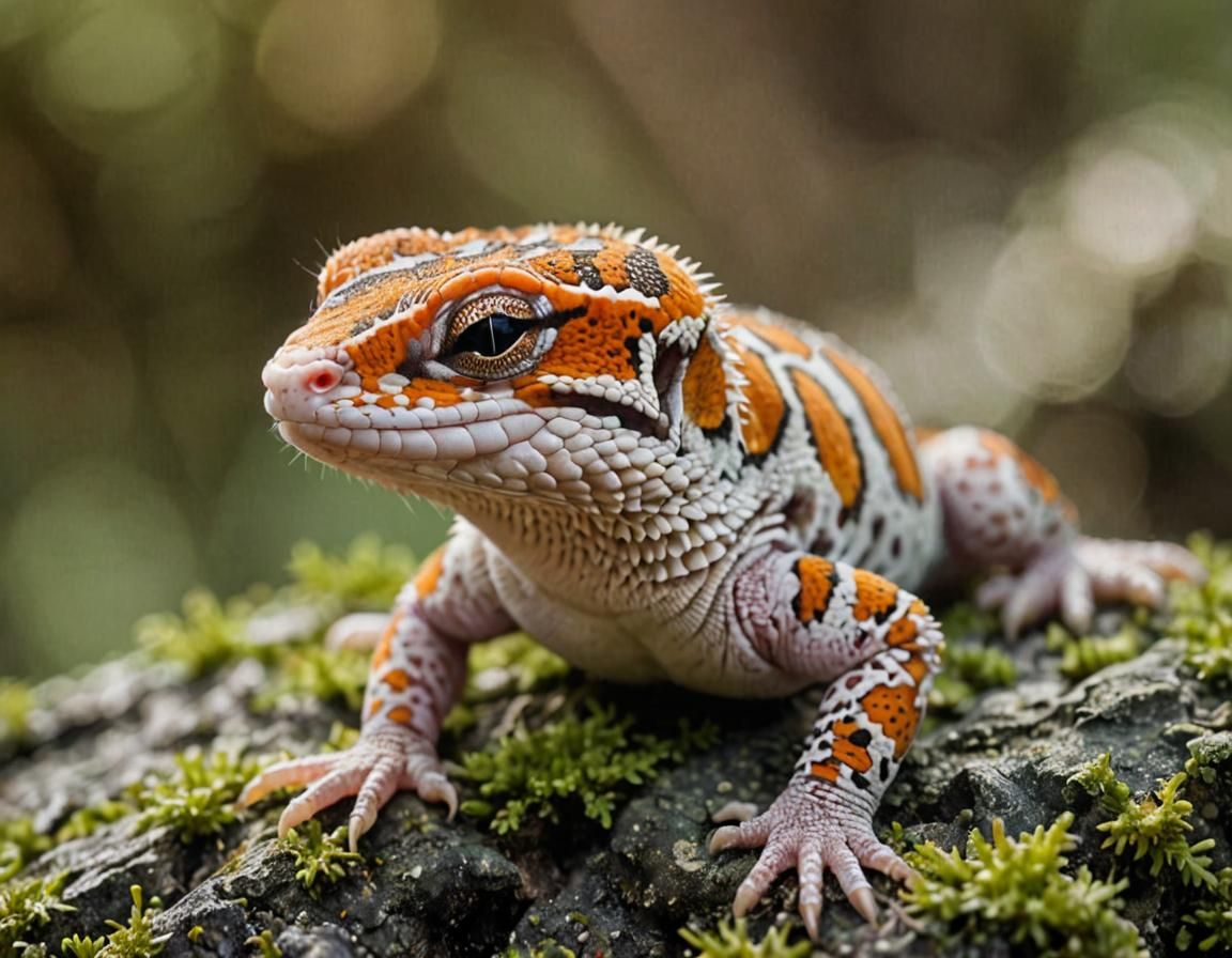 Leopard Gecko Resting on Lichen Rocks