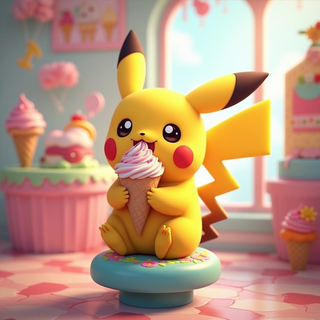 Cute Pikachu Enjoying Colorful Ice Cream Treat