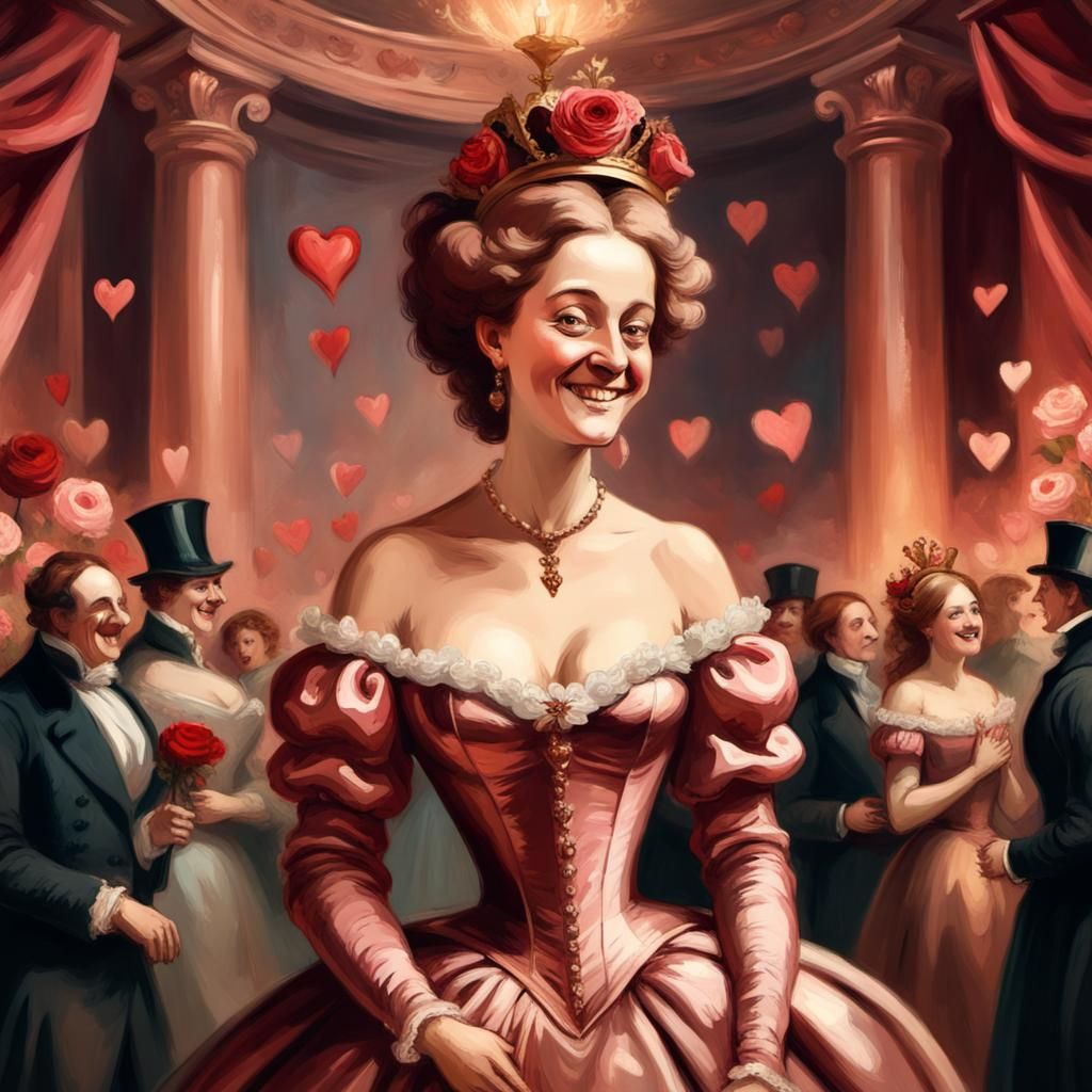 Renaissance Queen in Valentine Ballroom with Hearts and Flow...