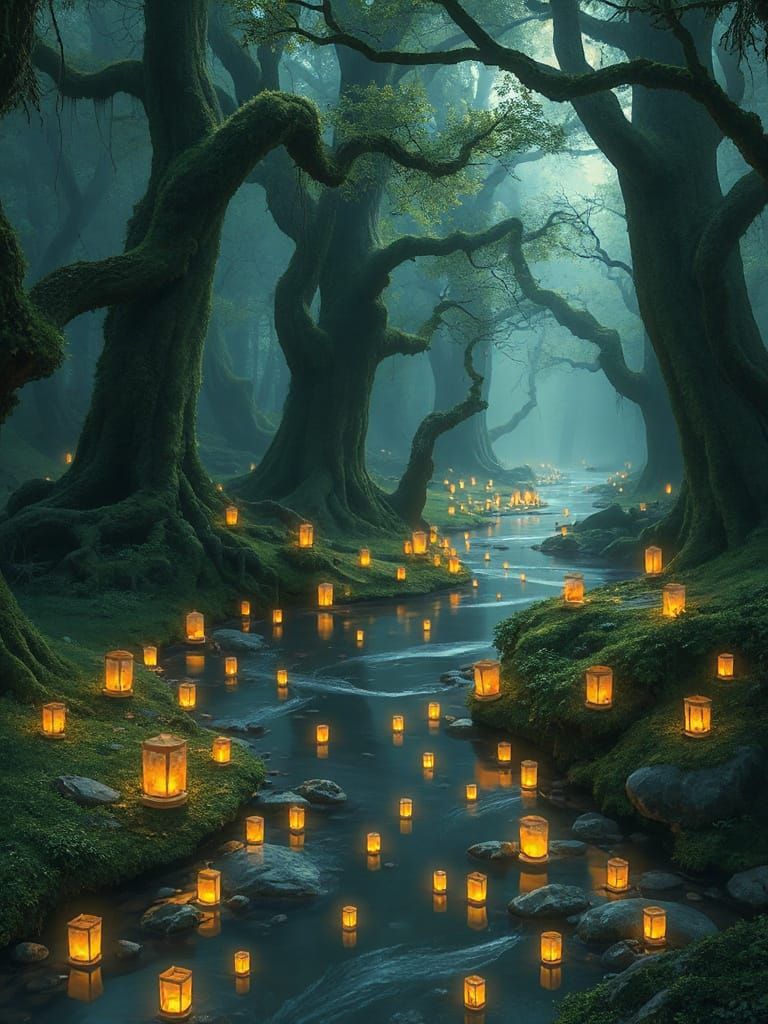 Enchanted River with Lanterns, Studio Ghibli Style