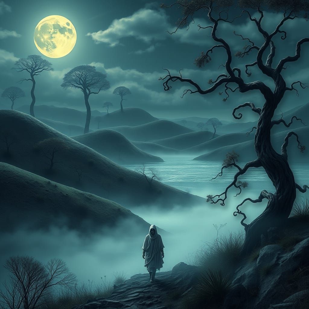 Surreal Landscape with Moonlit Lake and Mysterious Figure