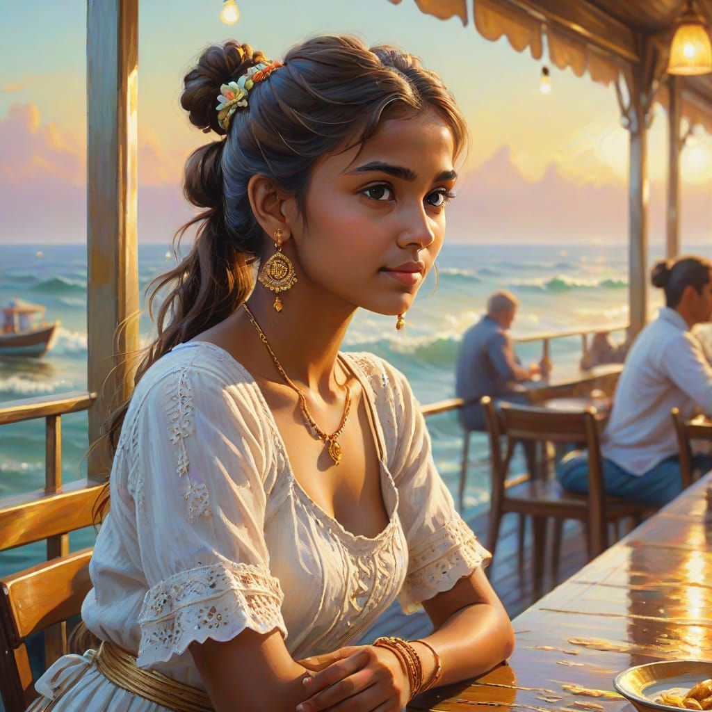 Indian Girl in Seaside Cafe Impasto Painting