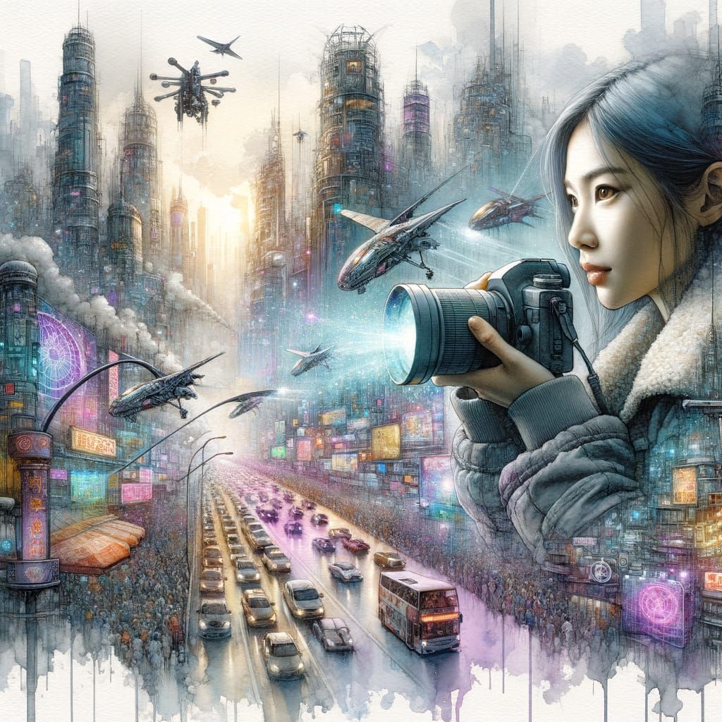 Futuristic Metropolis: Watercolor Cyberpunk Street Photograp...