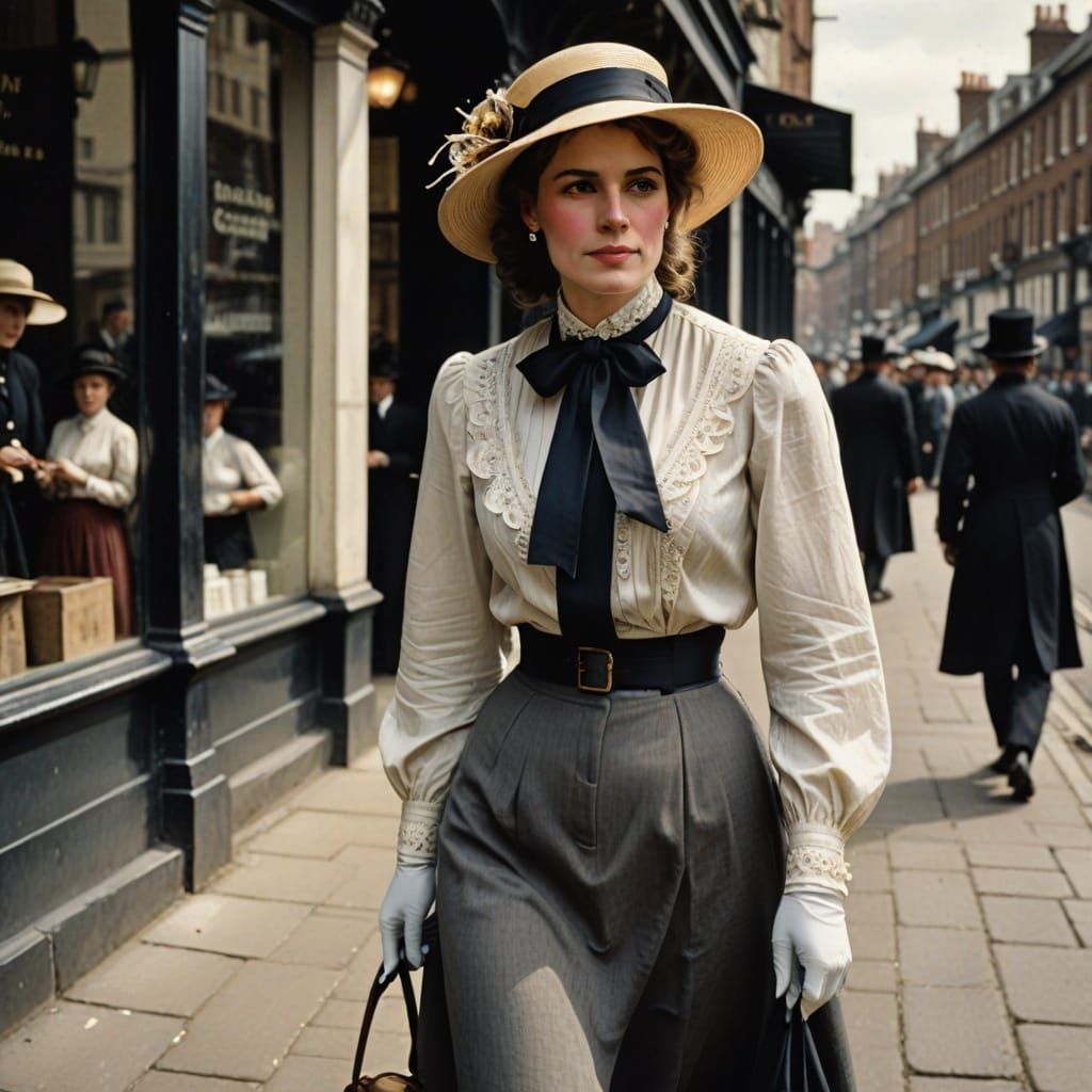 Edwardian Woman Strolls City Streets in Smart Attire