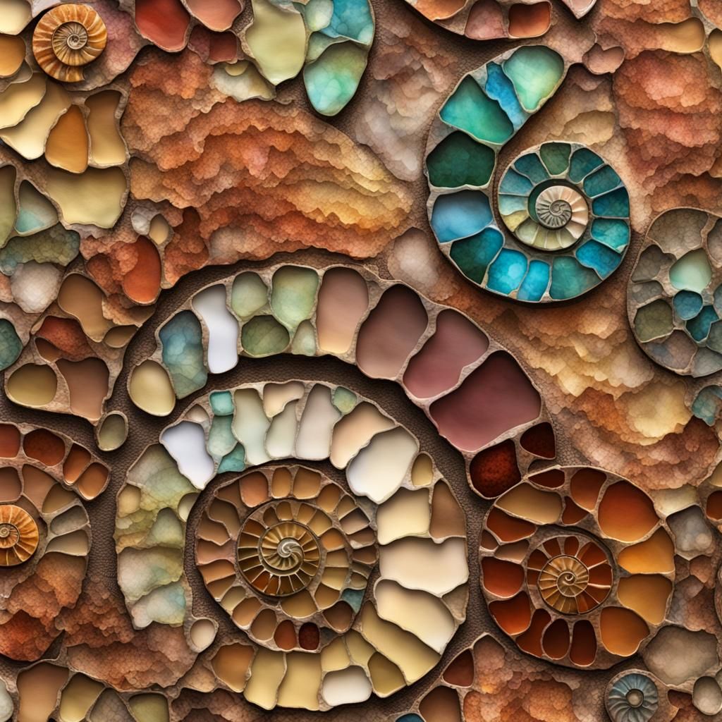 Junk Journal Background, 3d Shapes Mosaic Alcohol Ink, Earthen Ammonite Color Palette, 3d Shading, Deep Depth of Field