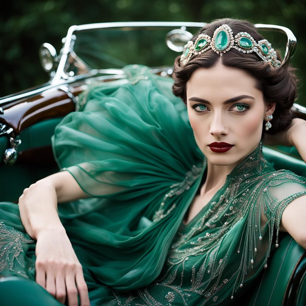 Emerald Gown in a Roadster: Art Deco Glamour