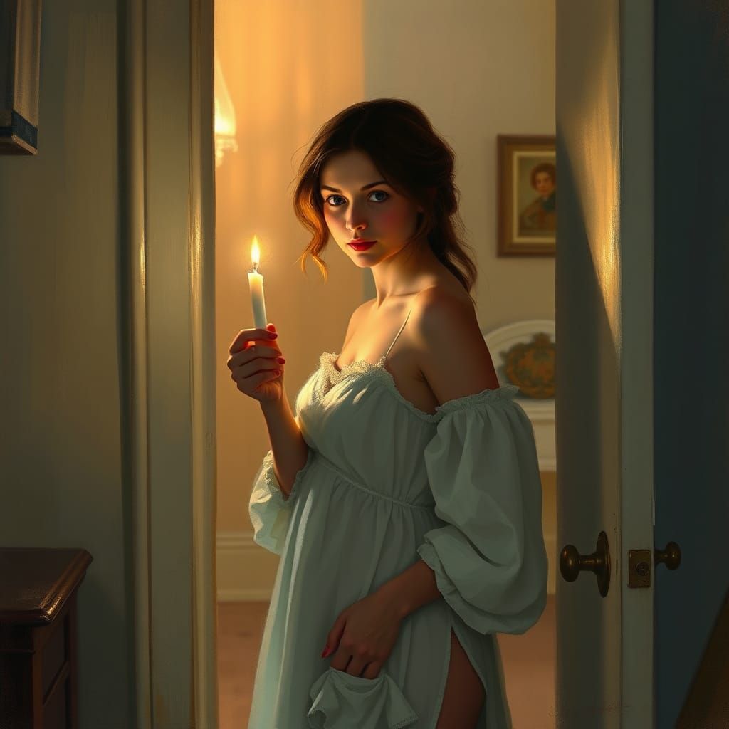 Woman with Candle Enters Bedroom
