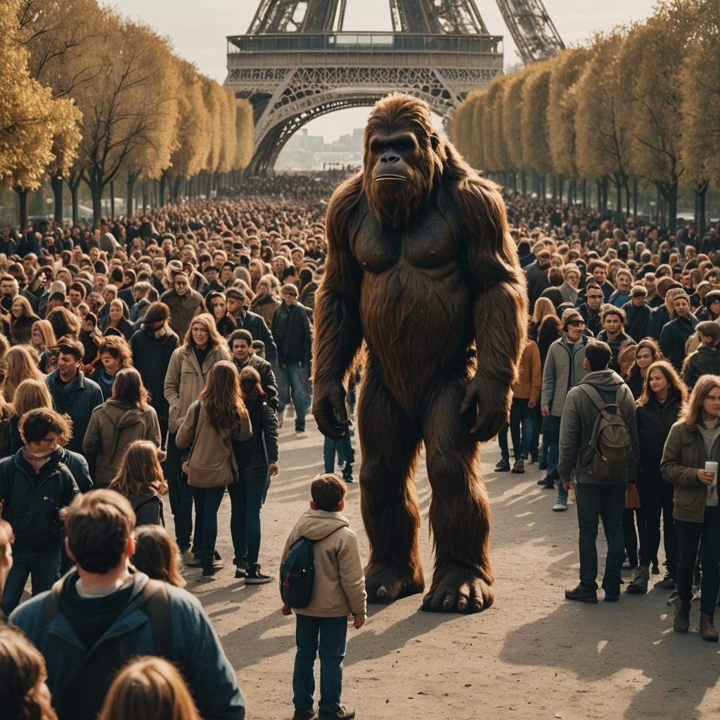 Bigfoot Sighting at Eiffel Tower: Cinematic Film Still