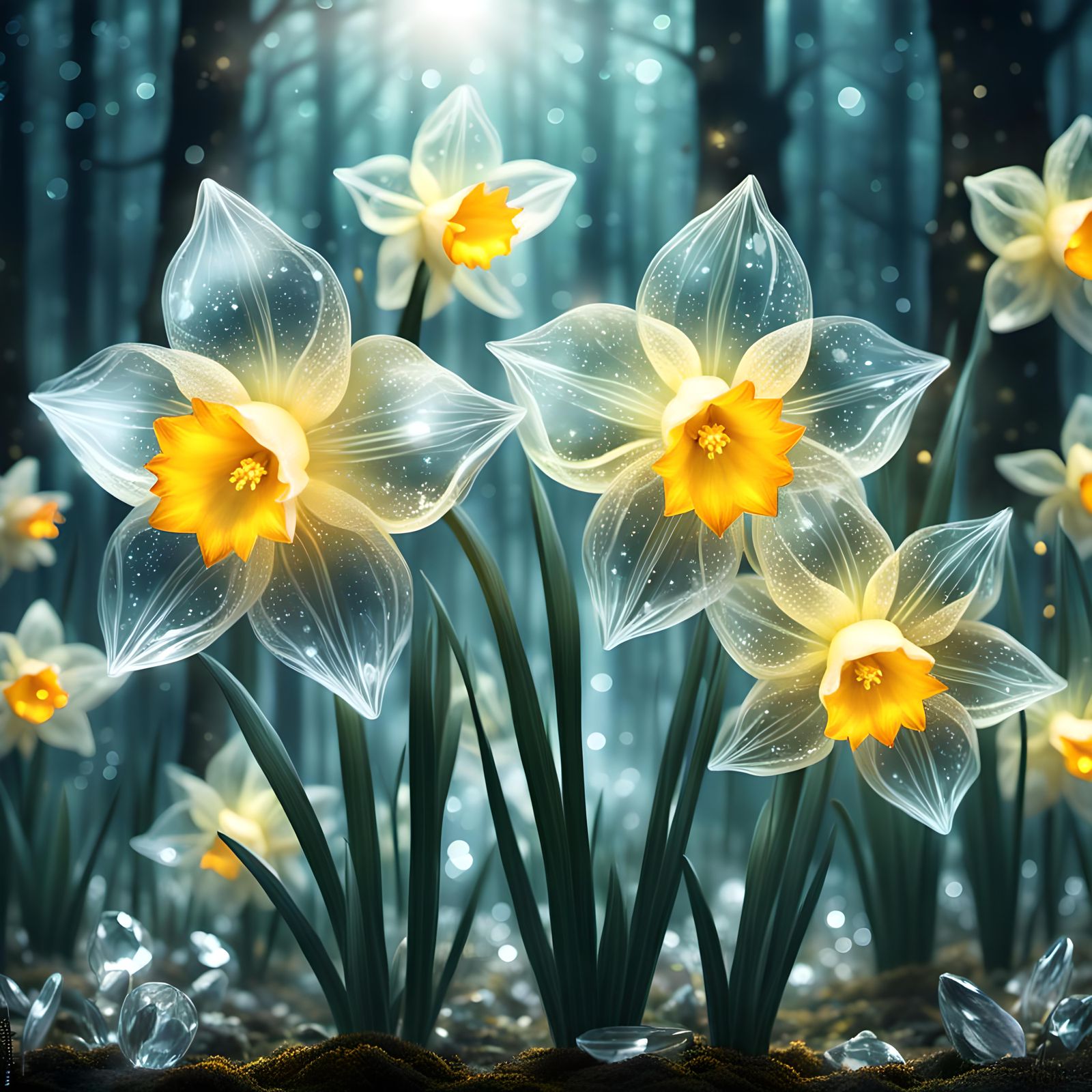Crystal Daffodils Bloom in Magic Forest