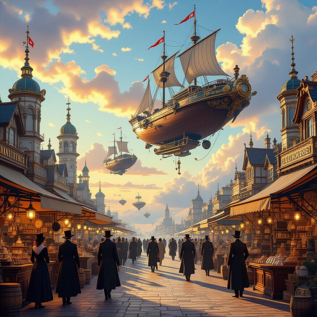 Floating Island Marketplace with Steampunk Airships