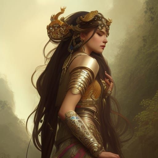 Armored Goddess Portrait in Art Nouveau Style