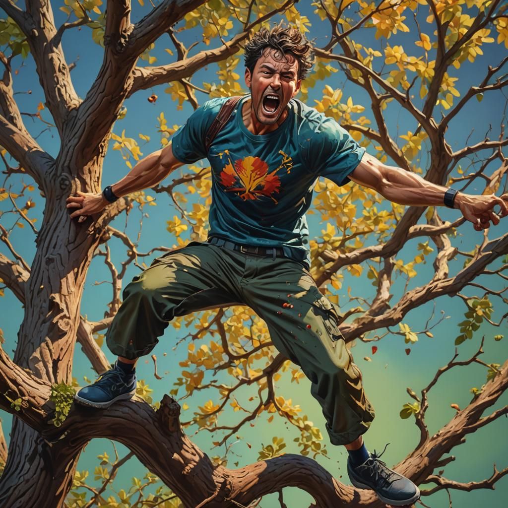 Foolish man hits himself on a tree branch after trying to jump from tree