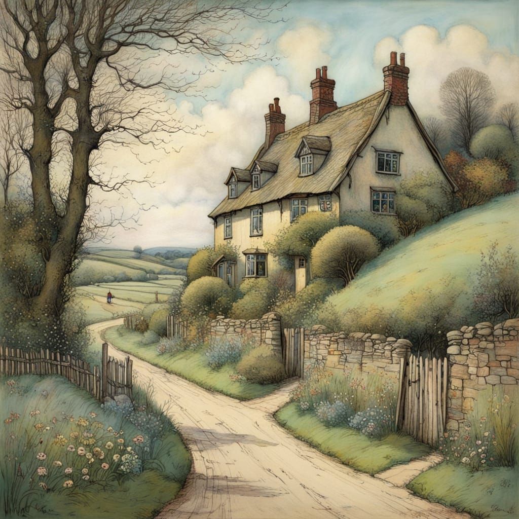 Whimsical Countryside Lane in Soft Pastel Colors