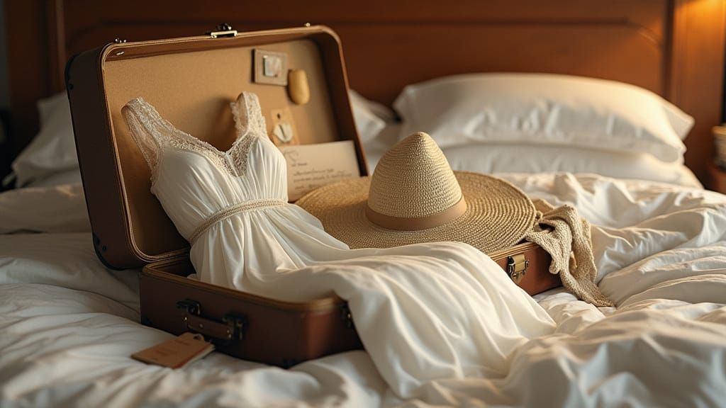 Honeymoon Suitcase on Hotel Bed in Realistic Style