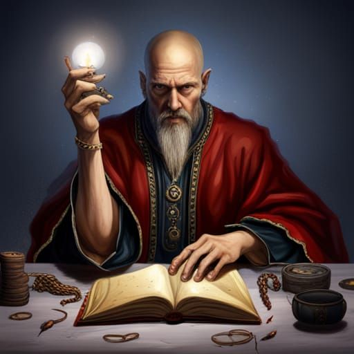 Detailed Wizard with Spellbook in Hyperrealistic Style