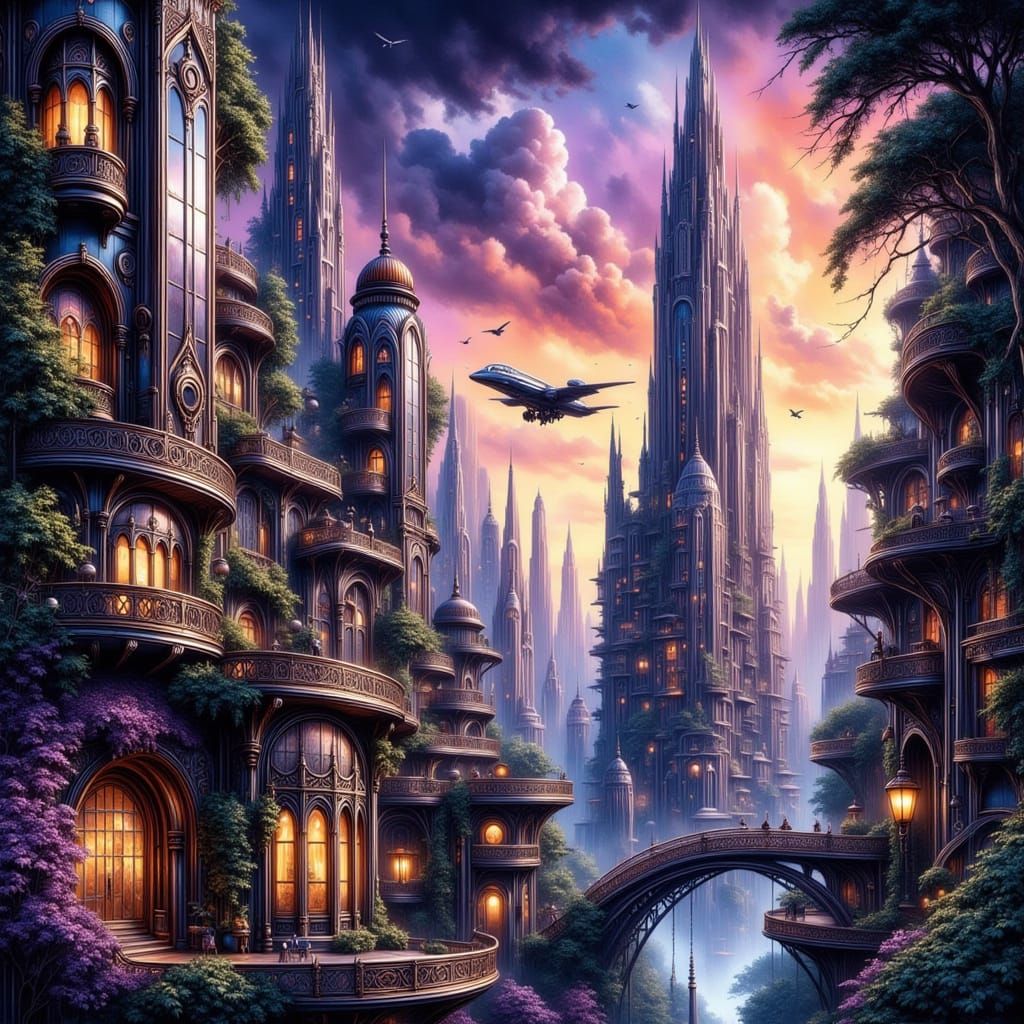Steampunk Cityscape at Twilight with Vertical Gardens
