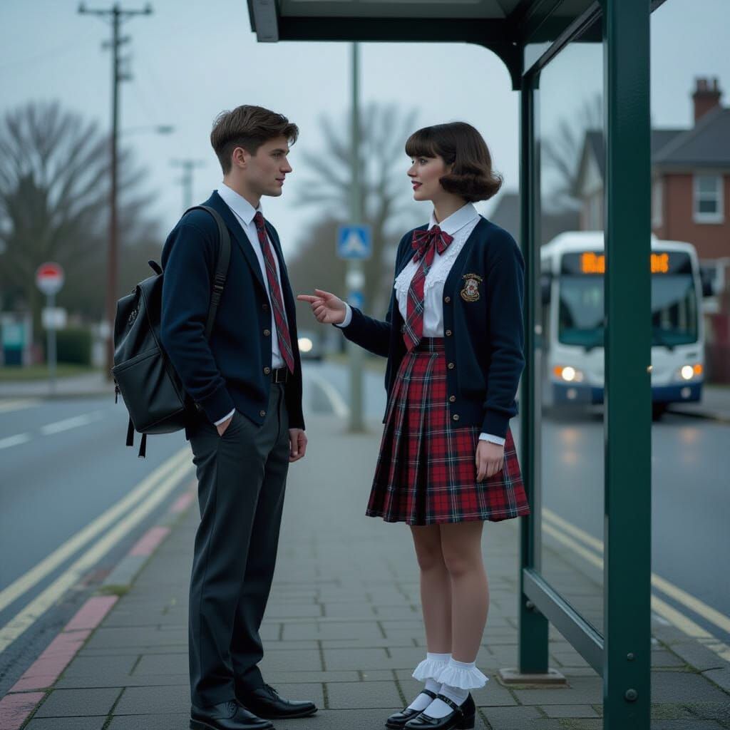 Crossdresser in Feminine School Uniform at Bus Stop