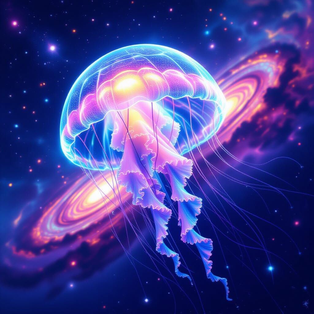 Bioluminescent Jellyfish Drifting Through Nebula