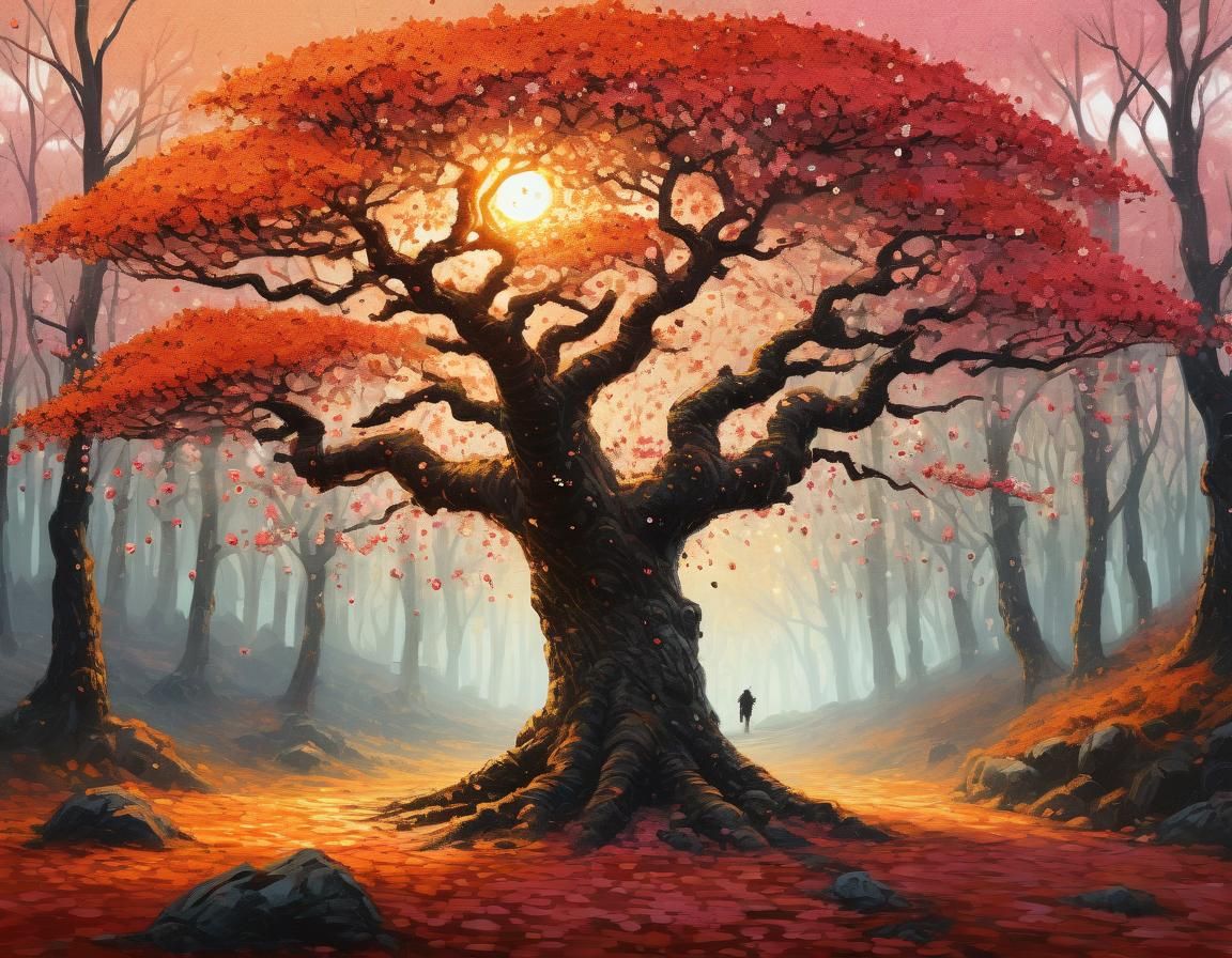 Cherry Blossom Sunset in Pointillist Autumn Forest