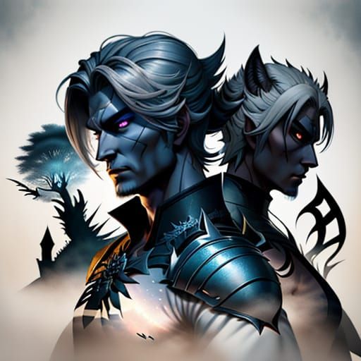 A youthful-looking beefcake wolf shifter male in human form, gray hair, Double exposure with a sinister male spirit. <lo...