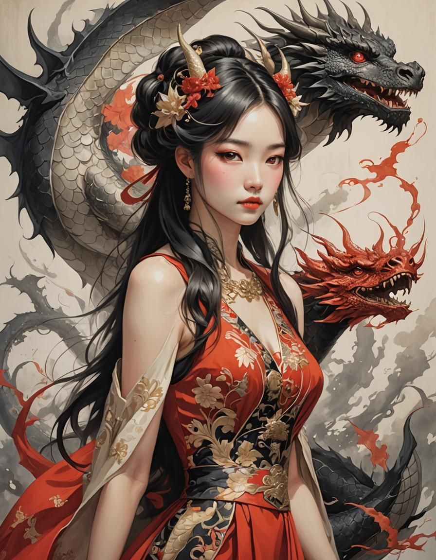 Woman with Dragon Crown in Dark Romantic Style