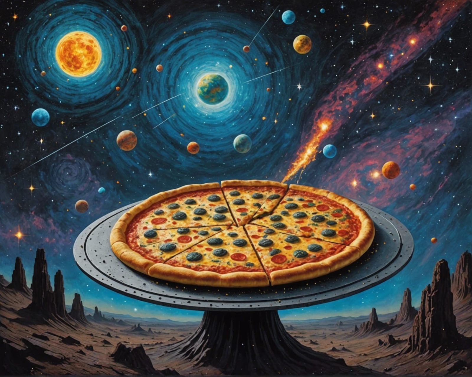 Cosmic Pizza: An Impasto Brutalist Marvel in Space