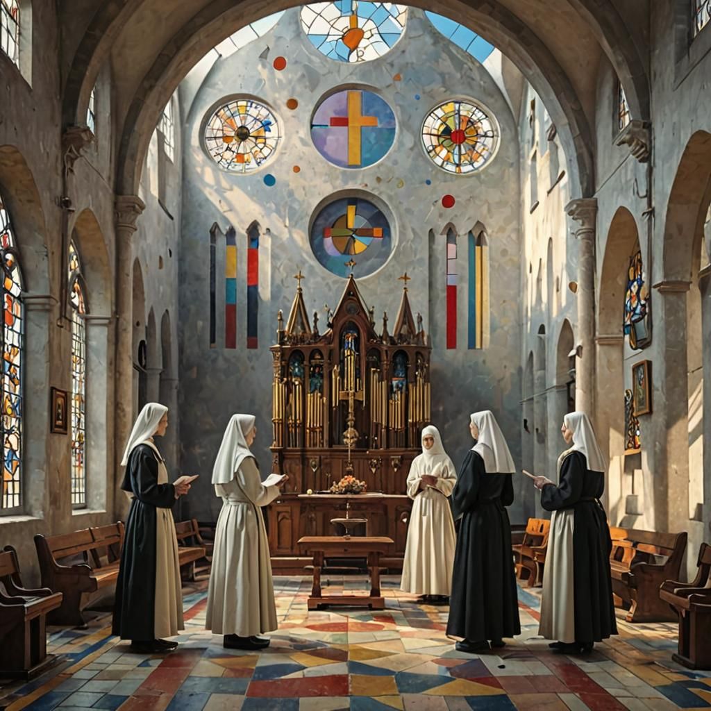 Singing Nuns in a Whimsical Kandinsky Style