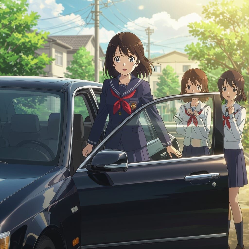 Anime Girl Enters Black Limousine, Watched by Peers