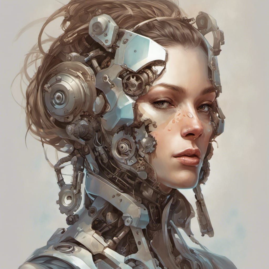 Half-Human Robot Portrait in Hyperdetailed Style
