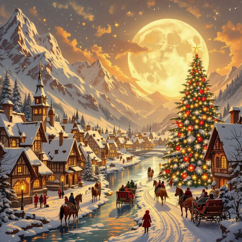 Snowy Medieval Village Christmas Scene at Sunset